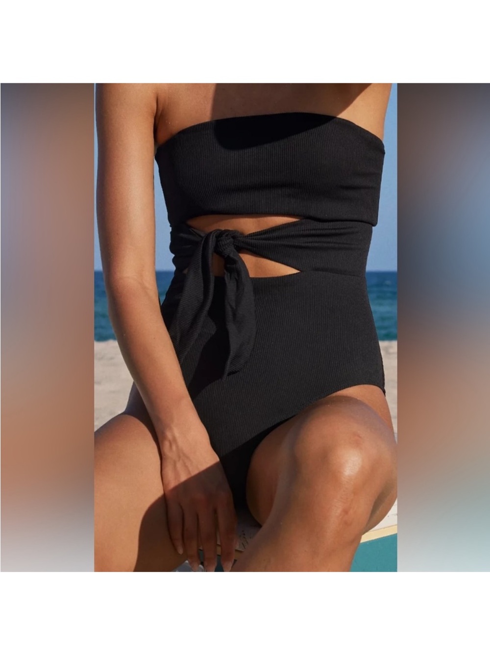 Aerie Ribbed Wrap Strapless One Piece Swimsuit Black NWT M long